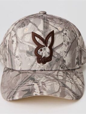 PLAYBOY Camo Baseball Cap in Taupe & Brown Embroidered Bunny